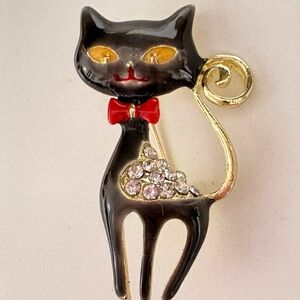 Mid century inspired enamel Black Cat Brooch with Red Bow and Gold Accents
